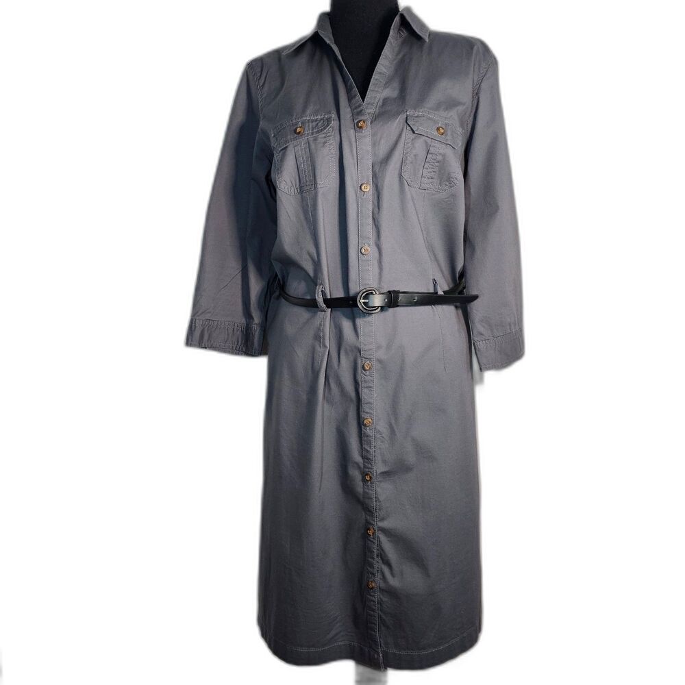 Sonoma Gray Cotton Belted Button Up Shirt Dress sz L